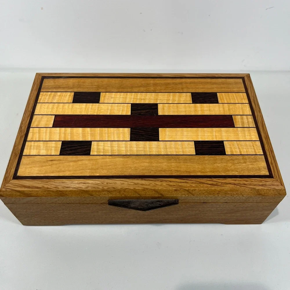 Vintage Handmade Wood Jewelry Box Inlay Geometric Marquetry Folk Art Signed